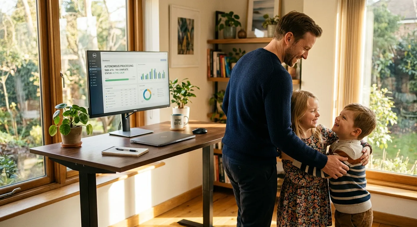 3:00 PM — the system runs itself; the operator is with his kids in a sunlit office