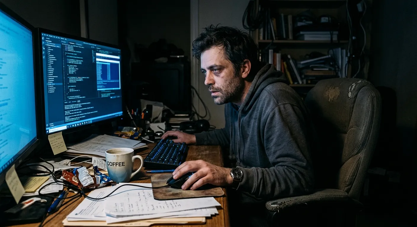 3:00 AM — a solo operator buried in manual work at a cluttered desk