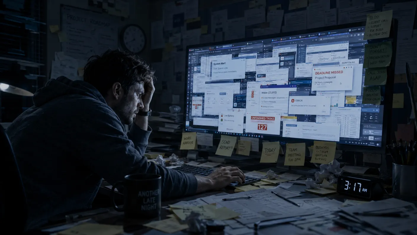 A tired operator at 3am buried in overlapping windows, tabs and sticky notes